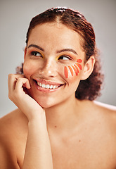 Image showing Woman face, makeup and flower for natural beauty skin glow, cosmetics and dermatology. Spa facial, health and wellness of happy aesthetic model person thinking floral product idea in studio