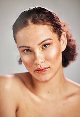 Image showing Beauty makeup, face portrait and woman with serious cosmetics eyeshadow, healthy skincare glow or facial self care. Dermatology, spa salon or aesthetic model girl isolated on studio background