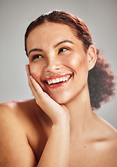 Image showing Beauty studio, facial eyeshadow and happy woman with creative cosmetics makeup, skincare glow and luxury self care. Cosmetology face, spa salon and aesthetic model smile isolated on grey background