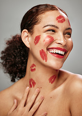 Image showing Beauty, makeup kiss and red lipstick on face of woman model for cosmetics and skincare. Headshot of aesthetic person thinking about love for valentines day, spa facial idea in studio