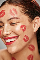 Image showing Happy woman, red lipstick and makeup on face of skin model in studio for cosmetics and love. Headshot of aesthetic person with funny comic idea for valentines day spa facial or skincare motivation