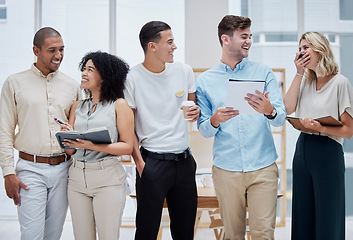 Image showing Creative business people, laughing and team building in collaboration with smile together for startup at a office. Happy employee workers smiling in happiness for group training, planning or schedule