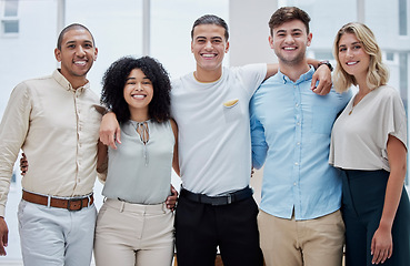 Image showing Team, smile and portrait of business people with solidarity, teamwork and community at a startup. Support, trust and employees with a hug for collaboration, work pride and diversity in the workplace