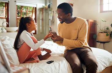 Image showing Diabetes, child and dad drawing blood for healthcare, sugar levels and medical monitor. Care, medicine and an African father with a machine to check glucose of a sick girl for wellness and test