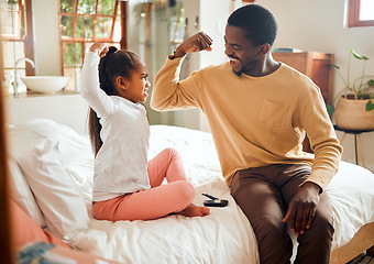 Image showing Healthcare, diabetes and muscle of father and girl in bedroom for brave, proud and strong gesture. Love, family home and dad helping child with monitor for glucose, sugar level test and insulin