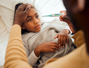 Image showing Sick, girl and dad checking thermometer of ill kid or daughter lying on a bed feeling sad. Concern, care and parent in bedroom with worried child with flu, cold or fever giving her support