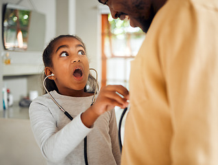 Image showing Surprise, stethoscope and girl play with father, caring and bonding in home. Black family, wow and shocked kid holding medical toy, listening to heartbeat of man and acting as doctor while having fun