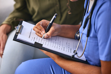 Image showing Hands, writing and healthcare with a nurse and patient in consultation for insurance or medicine in a home. Medical, documents and clipbpard with a medicine professional and female client in a clinic