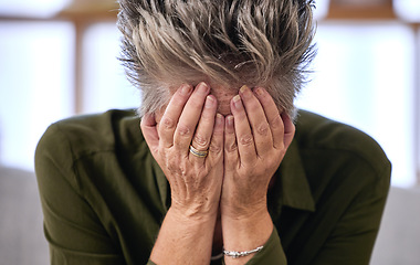 Image showing Elderly woman, face and stress for depression, fatal results and emotional with distress, mental health or burnout. Mature female person, lady and shame with illness, health and medical diagnosis