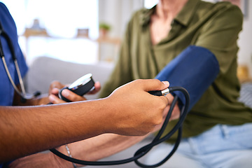 Image showing Blood pressure, hospital and hypertension health test of doctor hand consulting a woman. Nurse, consultant and health care worker for life insurance checking cardiovascular results with monitor