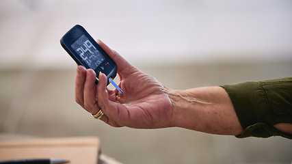 Image showing Glucose meter, diabetes and woman hands for blood sugar test, senior health and medical healthcare. Diabetic wellness, elderly person hand and modern glucometer for healthy patient medicare in home