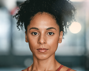 Image showing Portrait, black woman and serious for workout, training and endurance for fitness, wellness and cardio. African female, athlete and lady with stern face, exercise and practice for energy and power