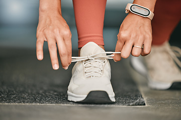 Image showing Fitness, gym or hands tie shoes to start workout, sports exercise or cardio training with running footwear. Legs, wellness or healthy girl with commitment, goals or motivation ready for exercising