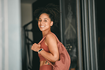 Image showing Fitness, backpack and portrait of black woman in gym for workout, exercise and health. Training, wellness and sports with girl athlete and bag for cardio, endurance and stamina goal lifestyle