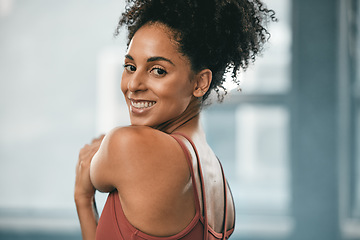 Image showing Black woman, smile portrait and exercise stretching for fitness workout, wellness training and happy cardio runner. in gym. African athlete, sports happiness and running warm up or motivation success