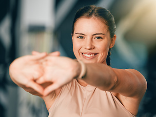 Image showing Portrait, exercise and woman stretching arms, training and fitness for wellness, energy and power. Female athlete, trainer and lady stretch, happiness and confident with practice, cardio and health