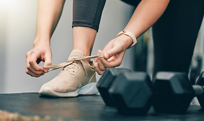 Image showing Fitness, hands or woman tie shoes lace before start of dumbbell exercise, gym training or sports workout. Health, wellness and legs of girl, athlete or person prepare for cardio performance challenge