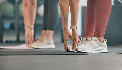 Image showing Fitness, hands or women stretching legs at gym to warm up body or relax muscles for workout exercise. Girls, focus or healthy sports people training together for support, inspiration or motivation