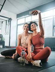 Image showing Friends, selfie and fitness with women in gym for workout, social media and wellness blog. Exercise, training and health with girl athlete and phone for online post, internet and sports picture