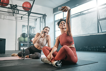 Image showing Fitness, phone or friends take a selfie at gym for social media after workout exercises in health club. Relaxed girls, photo or happy sports women take pictures after exercising or training together