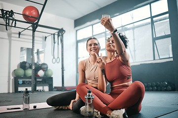 Image showing Gym, phone or friends take a selfie with peace sign after fitness training, workout or exercise for social media. Memory, sports girls or happy women take a photo or picture relaxing on fun break