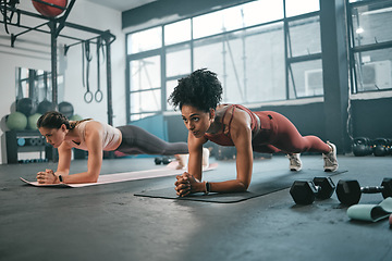 Image showing Women, plank and gym fitness friends with cardio exercise, workout and body wellness. Motivation, woman focus and challenge of people in sports training and athlete class exercising for health