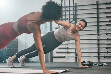 Image showing Gym floor, high five and exercise people doing plank workout, performance training or core muscle building. Body self care, support and wellness for team, women or friends on fitness class ground