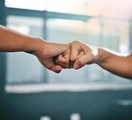 Image showing Fitness, motivation or hands fist bump at gym in a workout exercises or training with team work. Partnership, success or healthy sports people exercising together for growth, support or collaboration