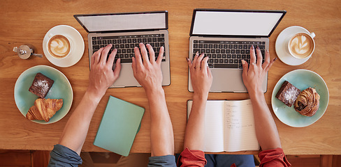 Image showing Coffee shop, laptop and hands above planning, teamwork and startup research with food, cafe and customer services. Typing, writing and creative people on pc computer in cafe or restaurant remote work