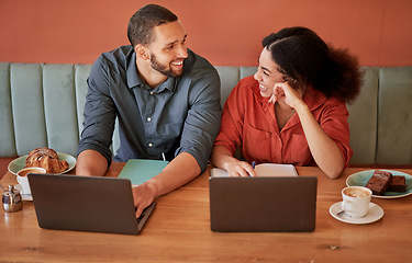 Image showing Coffee shop, meeting and small business partnership working on laptops and happy with strategy. Man, woman or couple collaborating on startup project planning in cafe for wifi internet connection