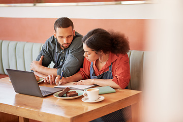 Image showing Planning, research and writing with business people in cafe for idea, finance and strategy. Laptop, notebook and thinking with man and woman in coffee shop for partnership, management and marketing