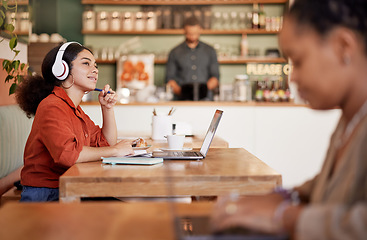 Image showing Cafe, girl or student thinking of ideas for innovation while working or planning a studying schedule. College, school education or university learner learning via an an online course in coffee shop