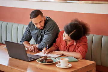 Image showing Laptop, research and writing with business people in cafe for idea, finance and strategy. Planning, notebook and thinking with man and woman in coffee shop for partnership, management and marketing