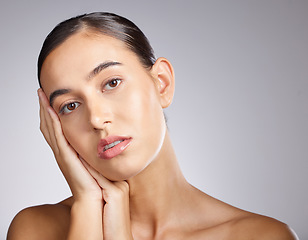 Image showing Woman, wellness and skin glow portrait of a beauty model with collagen and cosmetic treatment. Isolated, white background and young person with skin glow from dermatology, spa and facial in studio