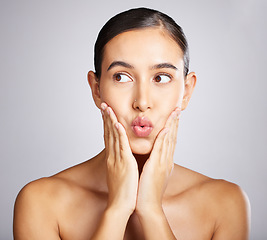 Image showing woman, beauty and kiss face for skincare wellness, facial dermatology and luxury natural skin glow in spa studio. Young model, calm hand gesture and healthy cosmetics treatment or relax body care