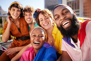 Image showing LGBTQ, selfie portrait or diversity friends happy, smile and enjoy outdoor time together, fun or holiday vacation. Transgender, bisexual and lesbian gay people with memory photo of friendship reunion