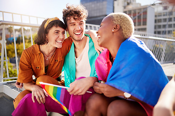 Image showing LGBTQ, celebration and friends with flags in city for a pride parade or event for the community. Diversity, sexuality and queer people talking with freedom, happiness and solidarity together in town.