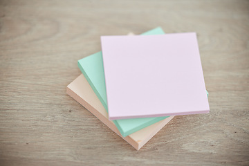 Image showing Top view, wood and sticky notes for brainstorming, ideas and planning with communication, schedule and paper. Mockup table and post it for messages, updates and motivation for goals, target and color