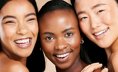 Image showing Portrait of happy women with beauty, diversity and smile for skincare product on studio background. Health, wellness and luxury cosmetic skin care, diverse and beautiful people with natural makeup.