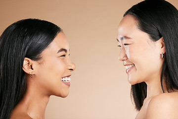 Image showing Beauty, diversity and face profile of happy women with skincare glow, natural facial cosmetics and luxury makeup. Dermatology healthcare, spa salon and aesthetic black woman, friends or people smile