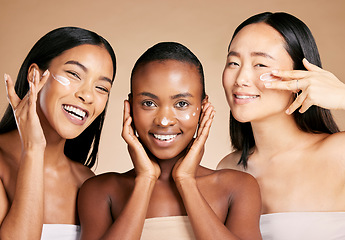 Image showing Diversity, woman and beauty portrait with cream for facial skincare wellness, luxury product and happy dermatology. Model, face and cosmetics happiness, lotion moisturizer and natural glowing skin