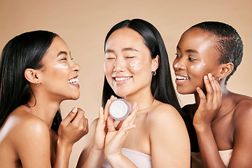 Image showing Women, skincare cream and beauty friends with diversity for dermatology or cosmetic container. Asian and black people group happy about skin glow, spa facial and face advertising self care product