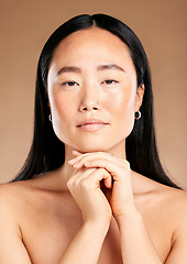 Image showing Beauty, portrait or face of Japanese woman or model in with glowing skin isolated on studio background. Tokyo, skincare or beautiful Asian girl with luxury facial treatment self care routine results