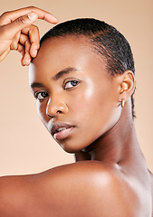 Image showing Wellness, beauty and portrait of black woman in studio to promote luxury treatment, cosmetics and makeup. Spa aesthetic, skincare and girl model on brown background for facial, shine and glowing skin