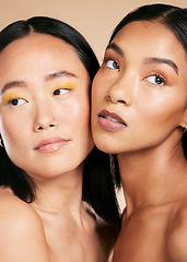 Image showing Makeup, beauty and face with skincare glow for diversity of skin and cosmetic self care. Magazine, dermatology and spa treatment for friends or models isolated against a brown studio background