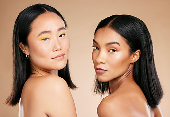 Image showing Skincare, makeup and beauty of diversity women portrait in studio for dermatology and cosmetics. Asian and black person together for skin glow, spa facial and natural face of friends for wellness