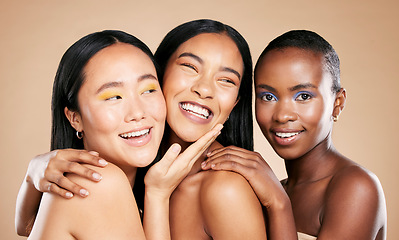 Image showing Diverse women, smile and face in beauty for skincare, cosmetics or makeup against studio background. Portrait of female friends or model smiling in happiness or satisfaction for fun healthy treatment