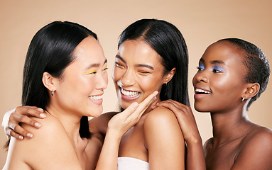 Image showing Diversity, beauty makeup and women smile for skincare wellness and cosmetics dermatology in brown background studio. Young model support, happiness and luxury spa treatment for natural glowing skin