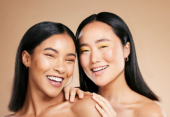 Image showing Portrait, beauty and diversity with woman friends in studio on a beige background for skincare. Face, skin and wellness with a young female and friend posing to model or promote a cosmetic product