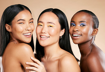 Image showing Beauty, makeup and portrait of women in studio for wellness, hygiene and grooming on brown background. Face, friends and eyeshadow by girl for different, skin and luxury skincare, relax and isolated